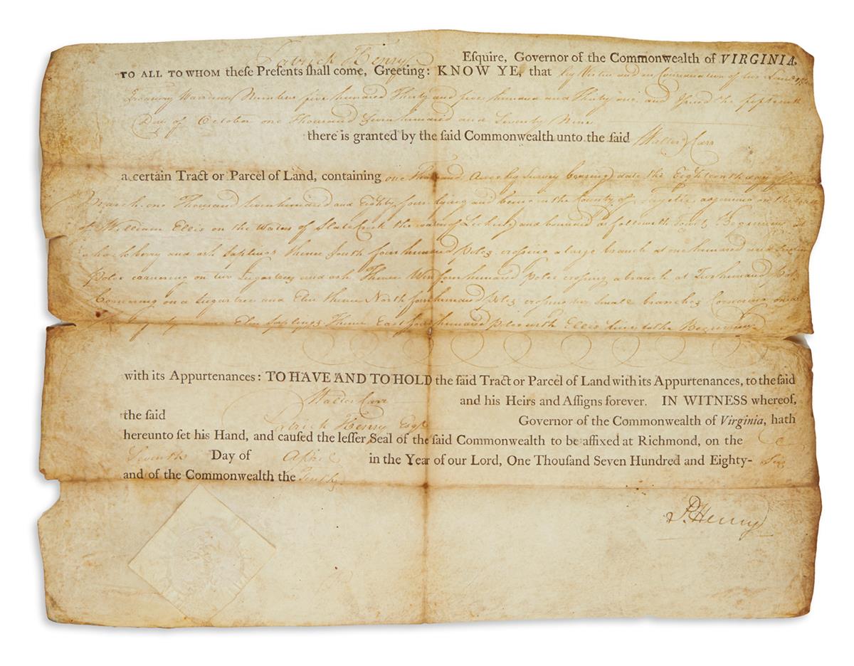 HENRY, PATRICK. Partly-printed vellum Document Signed, P. Henry, as Governor,
